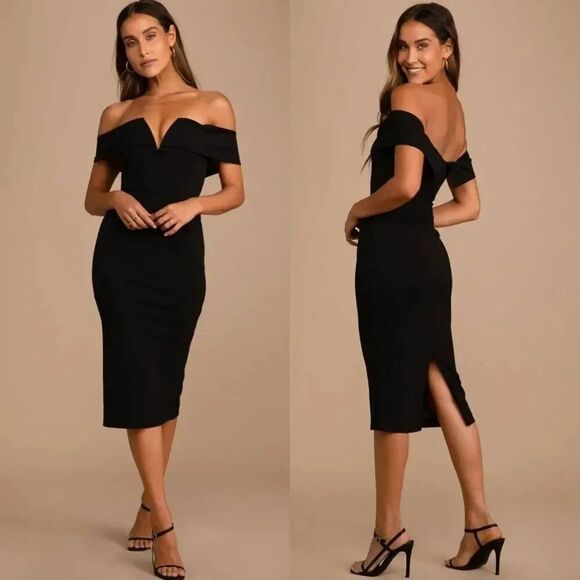 Lulus My Favorite Night Black Off-the-Shoulder Bodycon Midi Dress L NWT - Picture 1 of 8